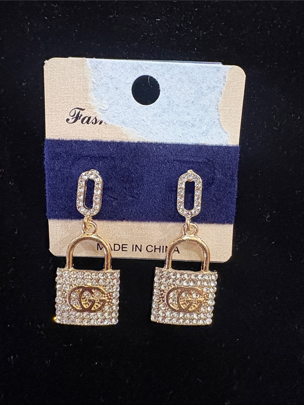FA Gold-Tone Crystal Padlock Drop Earrings